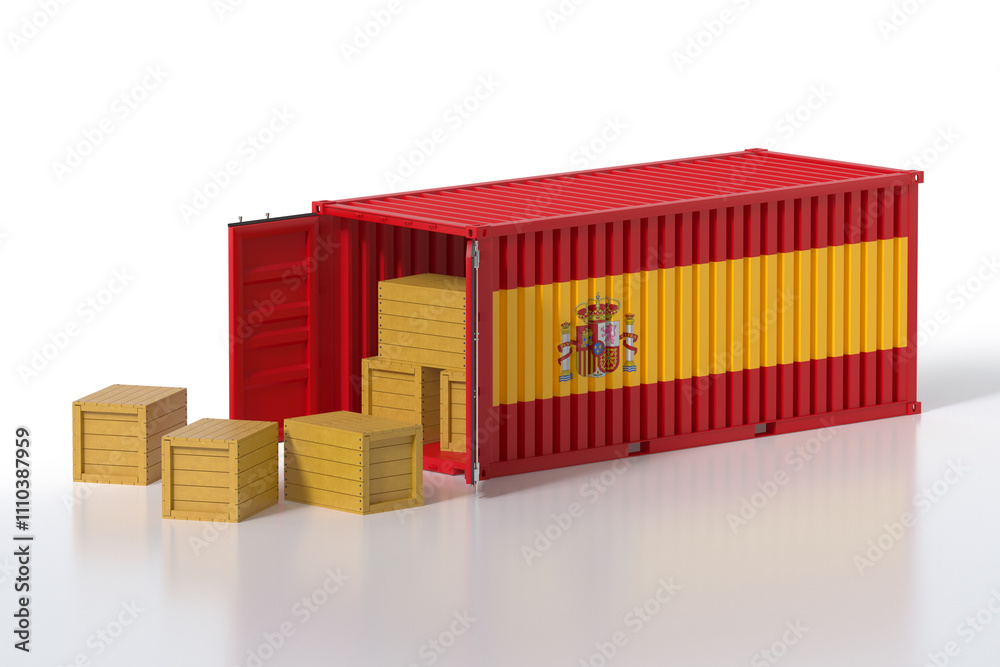 Cargo Container with Spain Flag Being Unloaded with Wooden Crates on White Background Cargo Container with Spain Flag Being Unloaded with Wooden Crates on White Background