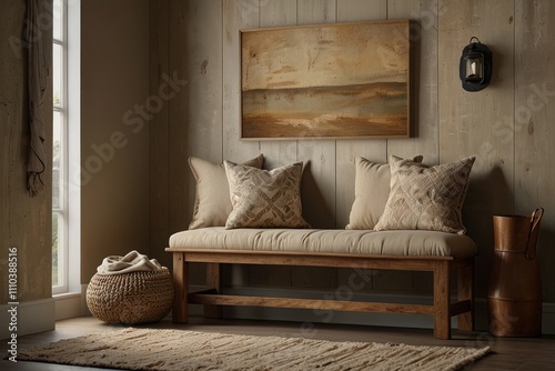 Minimalist, rustic interior design of modern living room. Corner sofa with grey and fur pillows near fireplace, nd abstract art in a warm, welcoming space photo