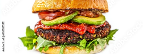 A gourmet veggie burger with roasted red pepper aioli and avocado slices, isolated white background, impressionism art style photo