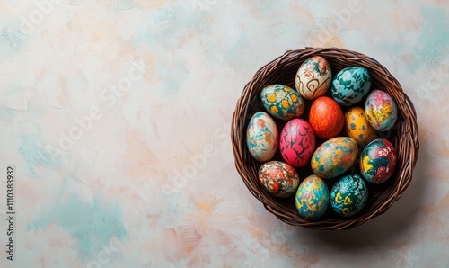 flat lay Basket of colorful Easter eggs on a simple white background photo