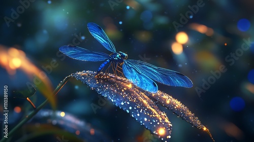 Blue Dragonfly Perched on Dew Covered Leaf at Dusk