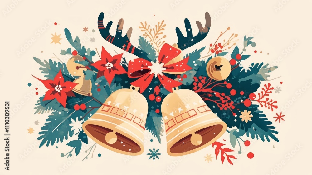Festive illustration featuring bells, holly, and reindeer antlers, celebrating the holiday season.