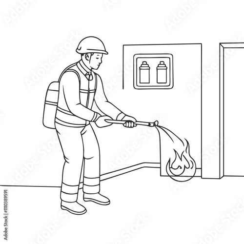 Firefighter illustration, focused on extinguishing flames, emergency response, line art, copy space
