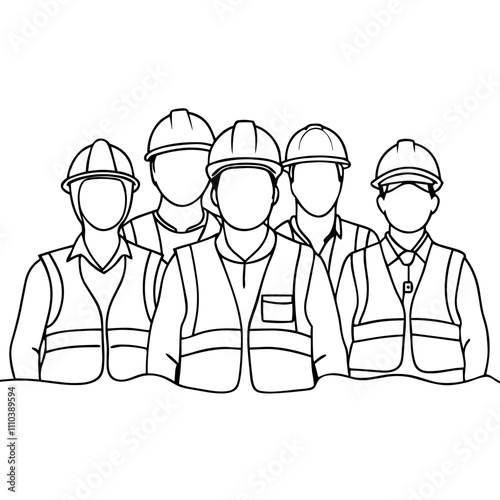 a group of five faceless construction workers wearing helmets and safety vests, emphasizing teamwork and safety in industrial settings