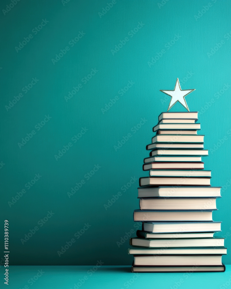 A creative display of stacked books arranged to resemble a Christmas tree, topped with a star, against a vibrant teal background, A creative display of stacked books arranged to resemble a Christmas tree, topped with a star, against a vibrant teal background,
