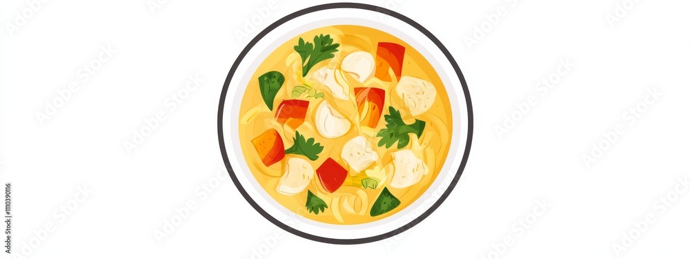 A hearty bowl of chicken noodle soup with vegetables, isolated white background, minimalist art style A hearty bowl of chicken noodle soup with vegetables, isolated white background, minimalist art style