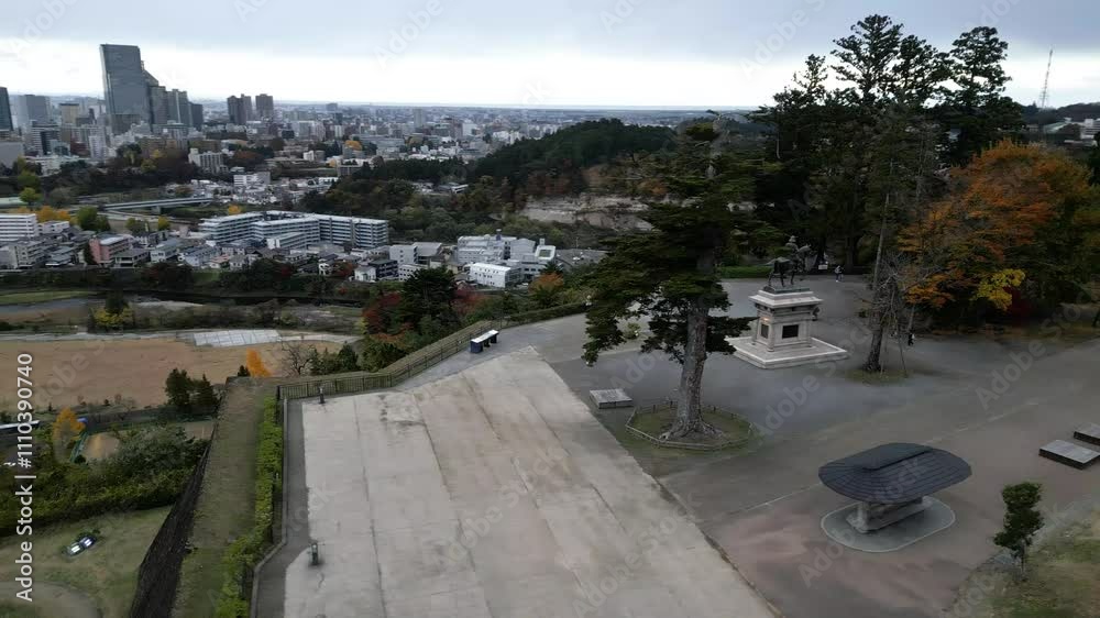 Big City view on Sendais Skyline with famous Samurai Statue Big City view on Sendais Skyline with famous Samurai Statue