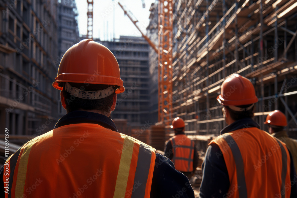 A group of construction workers wearing safety helmets and vests observes ongoing construction. Their teamwork is essential for ensuring safety and success on the worksite. A group of construction workers wearing safety helmets and vests observes ongoing construction. Their teamwork is essential for ensuring safety and success on the worksite.