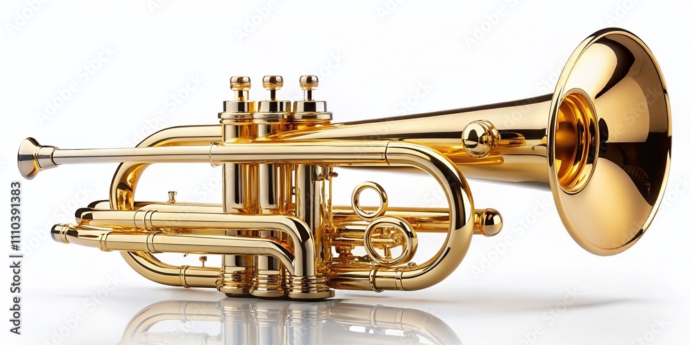 Naklejka premium Shiny Golden Trumpet on a Clean White Background, Perfect for Product Photography Showcasing Musical Instruments, Brass Instruments, Artistic Display, and Luxury Items