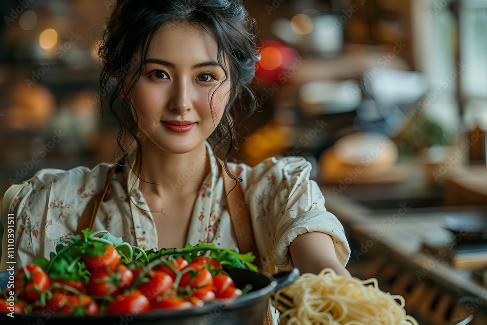 Smiling Asian woman chef serving Asian noodles in a modern kitchen setting Smiling Asian woman chef serving Asian noodles in a modern kitchen setting