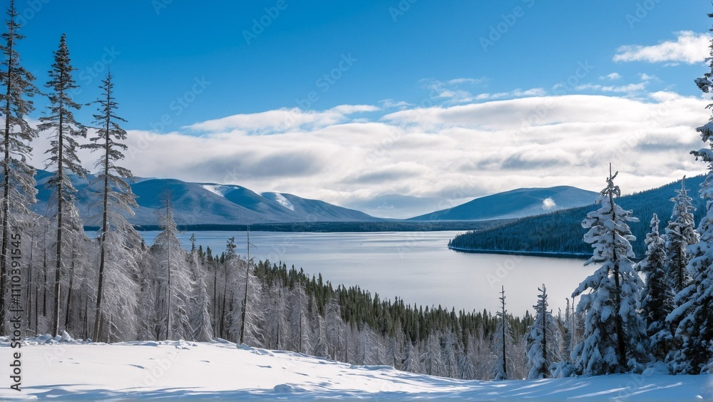 A serene winter landscape features a snow-covered forest, a calm lake, and majestic mountains under a clear blue sky. A serene winter landscape features a snow-covered forest, a calm lake, and majestic mountains under a clear blue sky.