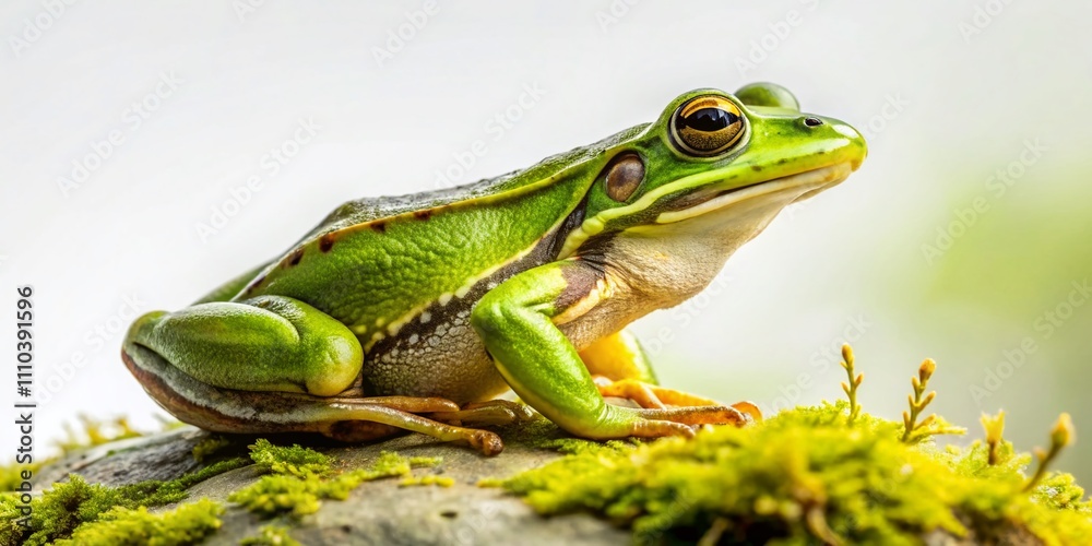 Naklejka premium Side View of a Green Frog Sitting on a Rock Facing Left, Isolated on a White Background for Nature and Wildlife Photography