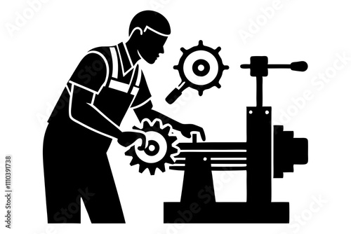 An illustration of a machinist operating a lathe