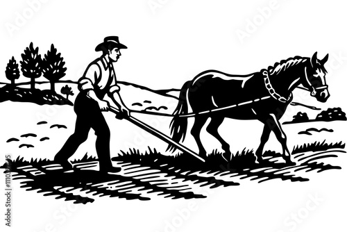 A scene of a farmer plowing a field with a traditional plow