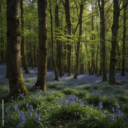 A patch of bluebells in an ancient forest.