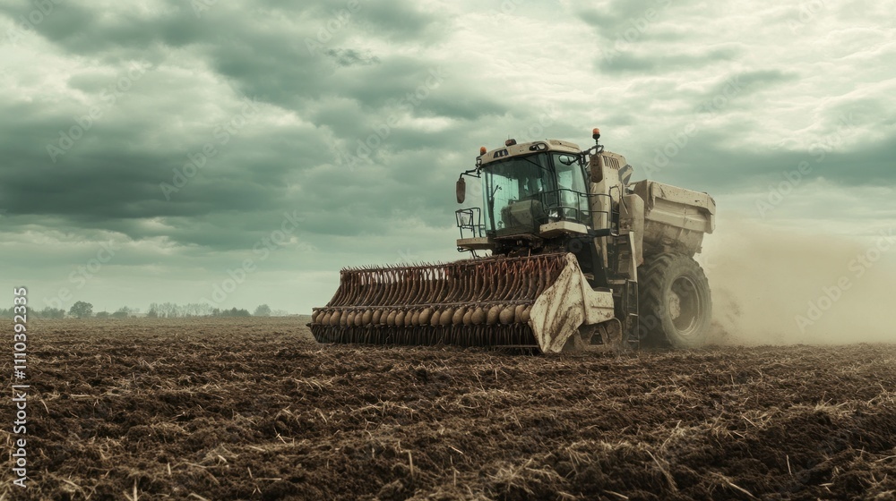 Fototapeta premium Massive potato harvester machine working in a field, soil dust in air, overcast light, 