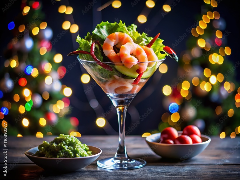 Silhouette of a Shrimp Cocktail and Prawn Salad in a Martini Glass, Ideal Appetizer for a Festive Christmas Dinner or Party with Avocado and Lettuce Silhouette of a Shrimp Cocktail and Prawn Salad in a Martini Glass, Ideal Appetizer for a Festive Christmas Dinner or Party with Avocado and Lettuce