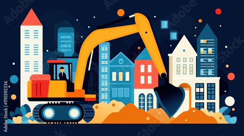 House construction. A vibrant illustration of an excavator working amidst colorful buildings, depicting construction and urban development.