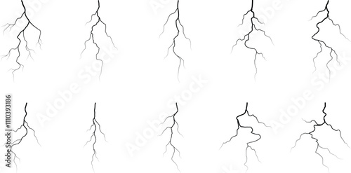 Vector lightning silhouettes set. Thunderstorm design. Vector illustration