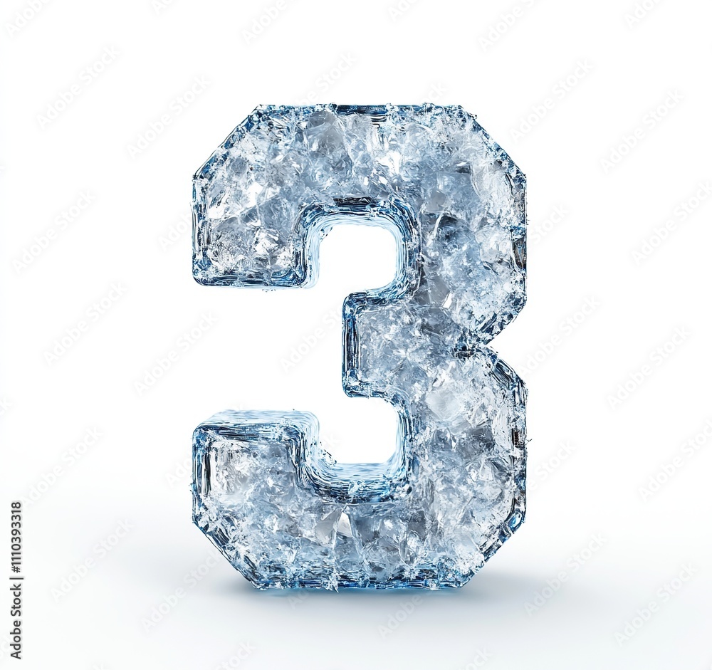 Number 3 frozen in ice isolated on white background. 3d Ice lettering. Number 3 frozen in ice isolated on white background. 3d Ice lettering.