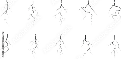 Vector lightning silhouettes set. Thunderstorm design. Vector illustration