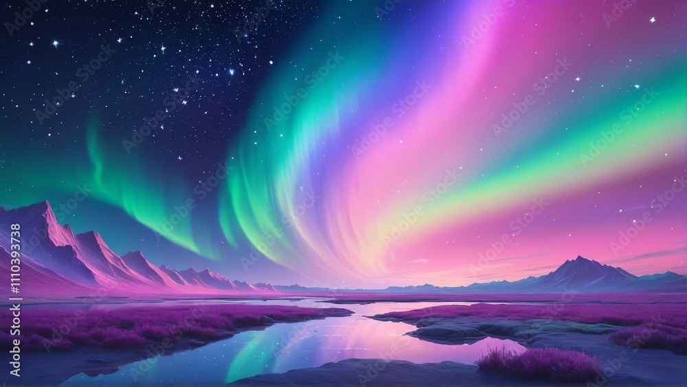 Aurora Borealis in the Arctic: A breathtaking display of green, blue, pink, and purple lights in the night sky, reflected in a calm lake and surrounded by snow-capped mountains. Aurora Borealis in the Arctic: A breathtaking display of green, blue, pink, and purple lights in the night sky, reflected in a calm lake and surrounded by snow-capped mountains.