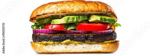 A hearty veggie burger with roasted portobello mushrooms and avocado, isolated white background, hyperrealism art style