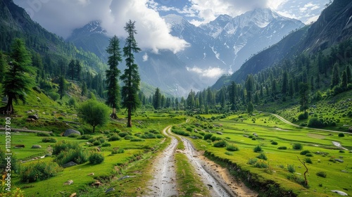 A tranquil unpaved road immersed in the serene beauty of lush green Fairy Meadows, surrounded by peaceful nature. 