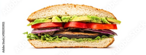 A hearty veggie burger with roasted portobello mushrooms and avocado, isolated white background, hyperrealism art style
