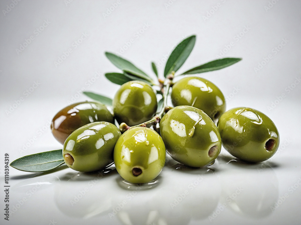 A small group of glossy green olives arranged on a pure white background. A small group of glossy green olives arranged on a pure white background.