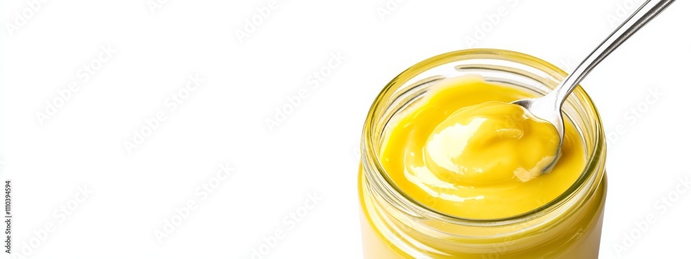 A jar of creamy hollandaise sauce with a spoon, isolated white background, hyperrealism art style A jar of creamy hollandaise sauce with a spoon, isolated white background, hyperrealism art style
