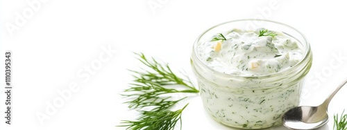 A jar of creamy tzatziki sauce with a spoon, isolated white background, hyperrealism art style