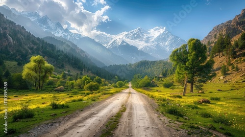 A remote unpaved road leading through untouched paradise in Fairy Meadows, surrounded by pristine green landscapes. 