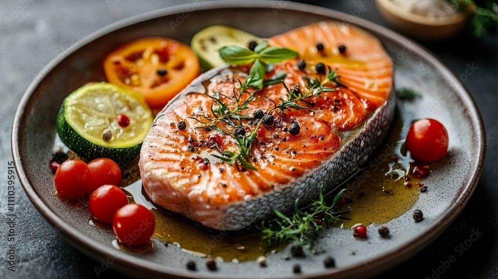 Roasted Salmon Steak with Herb Garnish and Vegetables Roasted Salmon Steak with Herb Garnish and Vegetables