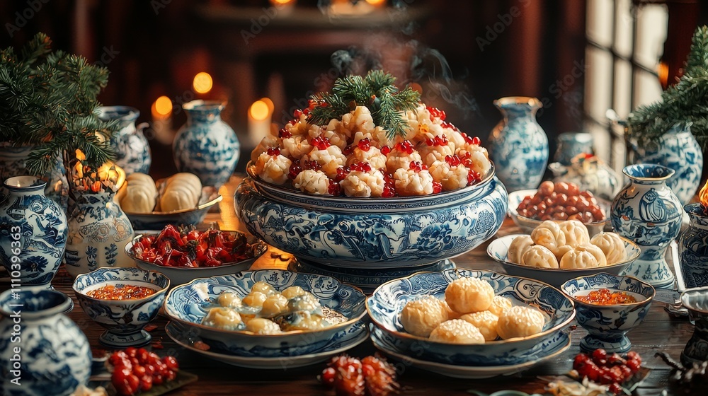 Colorful festive table with various traditional dishes and decorations Colorful festive table with various traditional dishes and decorations
