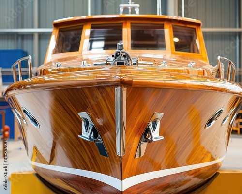 A beautifully crafted wooden boat with a polished finish, showcasing its elegant design and craftsmanship in a well-lit indoor setting. photo