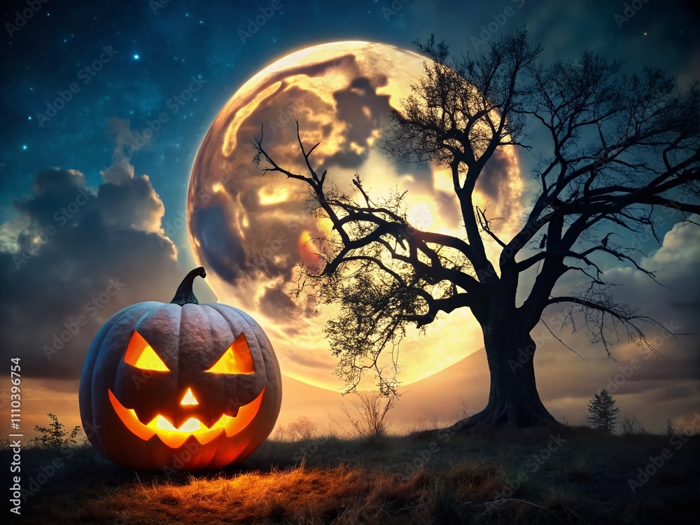 Spooky Silhouettes: Halloween Pumpkin Under the Full Moon Glow in the Evening Sky Perfect for Eerie Atmosphere and Festive Fall Decor Spooky Silhouettes: Halloween Pumpkin Under the Full Moon Glow in the Evening Sky Perfect for Eerie Atmosphere and Festive Fall Decor