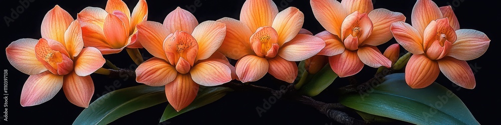 Orange orchids with vibrant petals and lush green leaves arranged in a cascading pattern against a black background, perfect for floral photography, botanical themes, and decorative art
Orange orchids with vibrant petals and lush green leaves arranged in a cascading pattern against a black background, perfect for floral photography, botanical themes, and decorative art