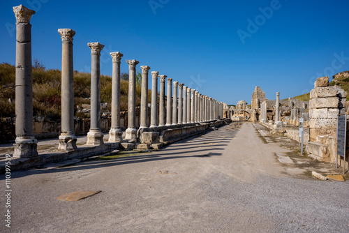 Rows of columns in Perge, Antalya, Turkey. Remains of colonnaded street in Pamphylian ancient city.Rows of columns in Perge, Antalya, Turkey. Ancient Kestros Fountain. Aksu, Antalya photo