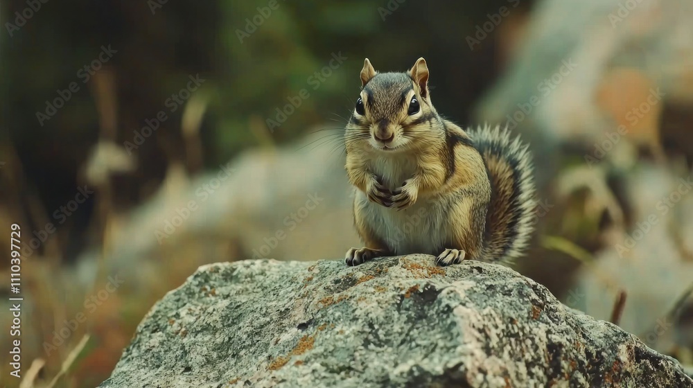 A chipmunk perched on a rock, looking curiously at the camera, with soft forest lighting in the background A chipmunk perched on a rock, looking curiously at the camera, with soft forest lighting in the background