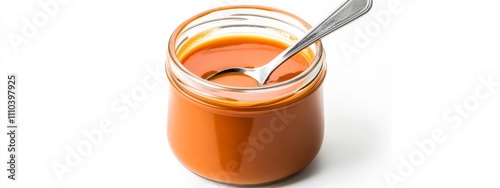 A jar of tangy buffalo sauce with a spoon, isolated white background, hyperrealism art style photo