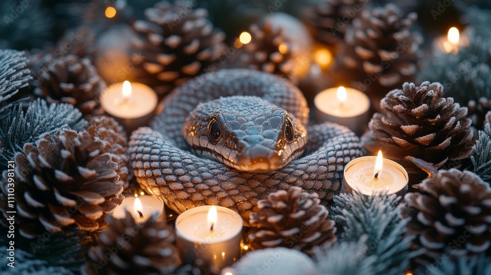 Snake Surrounded by Frosted Pinecones and Tiny Candles New Year Theme. Generative AI Snake Surrounded by Frosted Pinecones and Tiny Candles New Year Theme. Generative AI