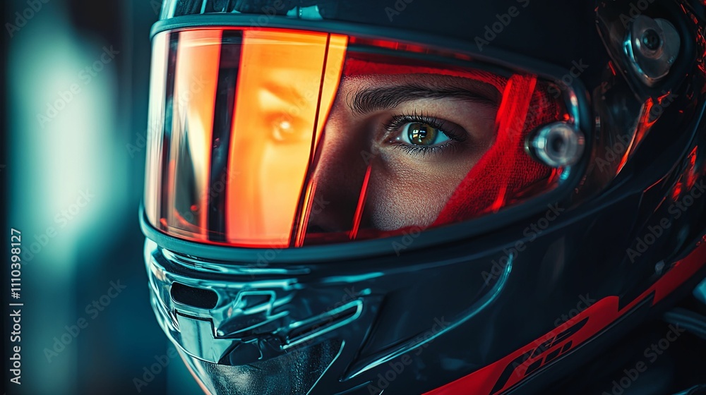 Woman Racer Gazes Intensely Through Helmet Visor Woman Racer Gazes Intensely Through Helmet Visor