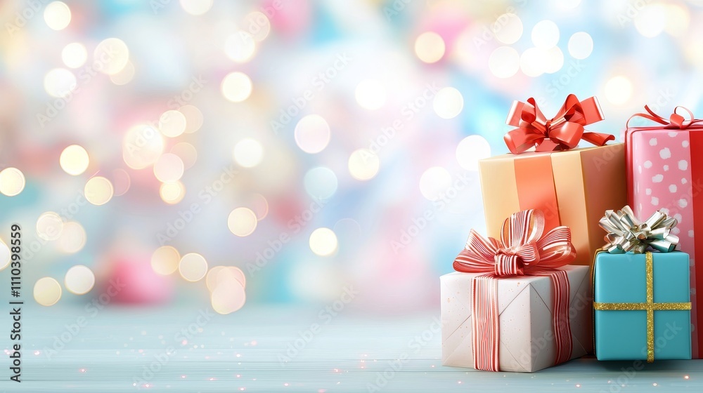 Colorful Gift Boxes with Ribbons and Bokeh Background for Festive Celebrations and Holiday Decorations Colorful Gift Boxes with Ribbons and Bokeh Background for Festive Celebrations and Holiday Decorations