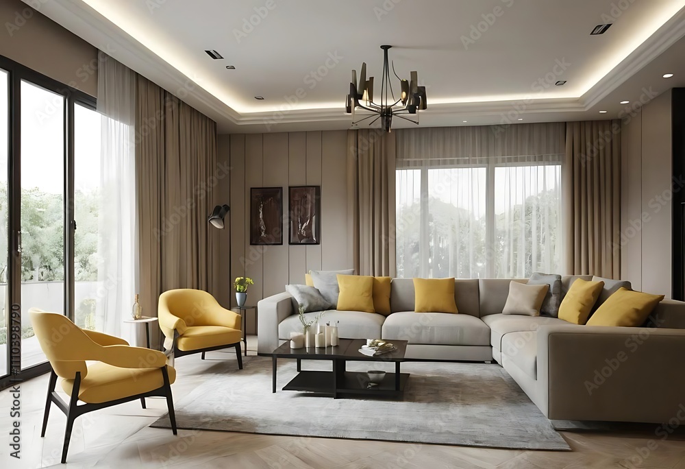 Fototapeta premium 3D rendering, spacious living room design of modern residence, with sofa, tea table, decorative painting, etc