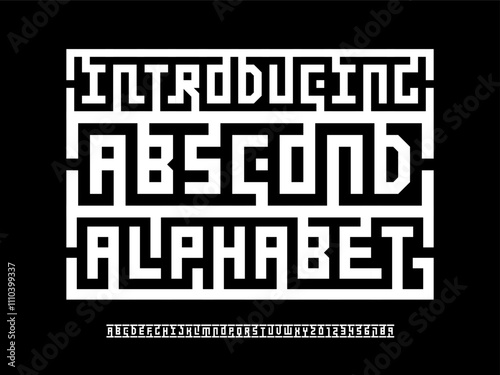 Vector of modern abstract maze style alphabet design with uppercase and numbers