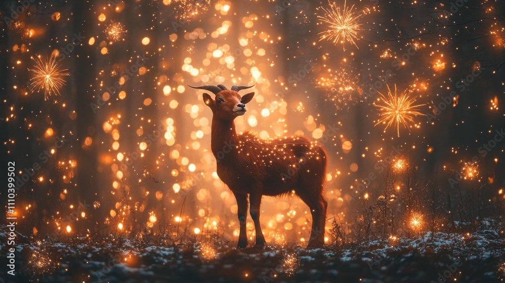 Fiery Red Goat with Fireworks and Stars for New Year. Generative AI Fiery Red Goat with Fireworks and Stars for New Year. Generative AI