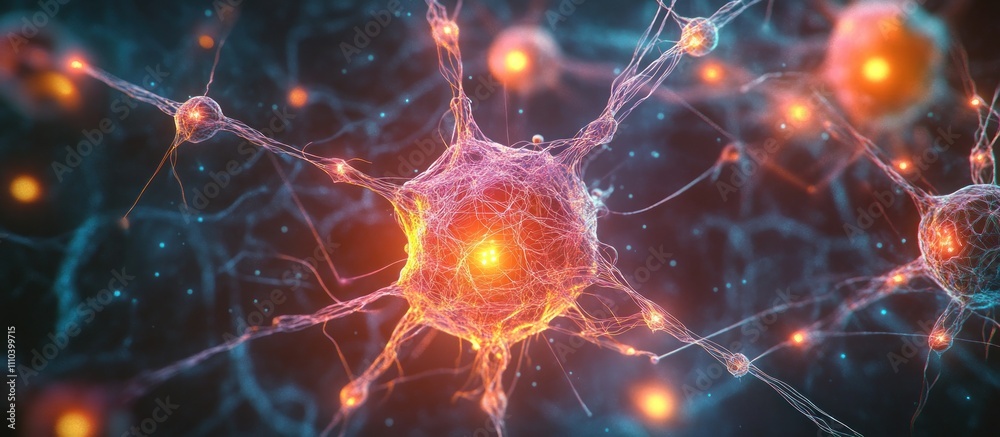 Microscopic view of neuron cells communicating, glowing orange and blue in a dark background. Microscopic view of neuron cells communicating, glowing orange and blue in a dark background.