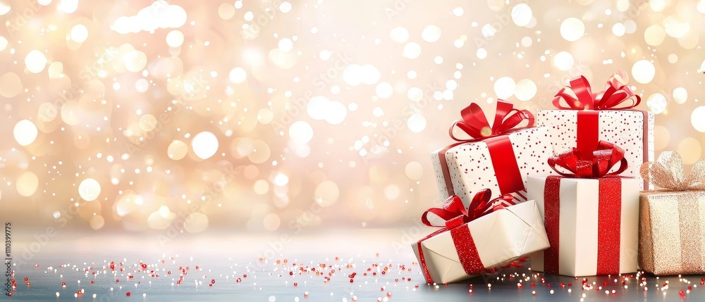 Fototapeta premium Festive Christmas Gift Boxes with Red Ribbons on a Beautiful Bokeh Background of Holiday Lights