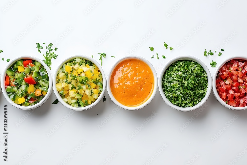 Fresh Condiments Neatly Arranged on White Background Fresh Condiments Neatly Arranged on White Background